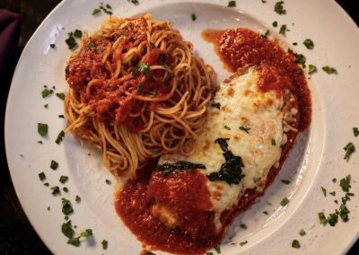 Veal Parmigiana with linguine in Orsini tomato sauce